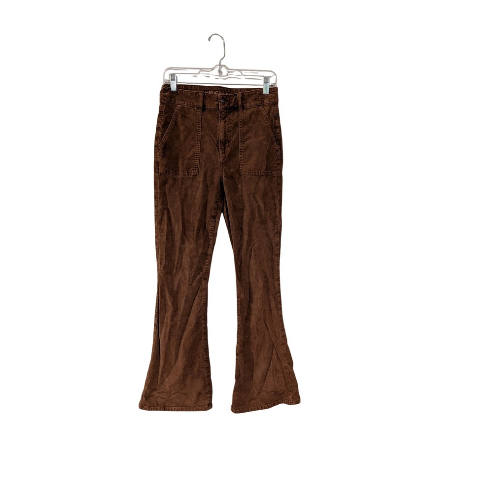 American Eagle Corduroy Pants Womens 6 Brown High Rise Flare Patch Pockets